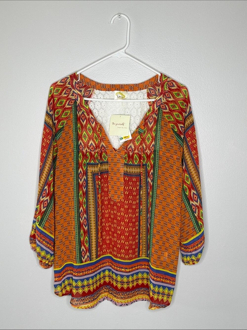 fig and flower Orange Multicolor Boho Tunic Top Size XL